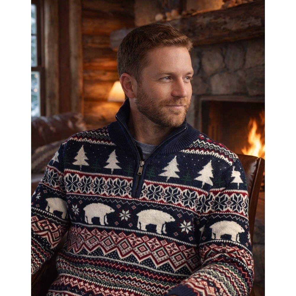 ASPEN Fair Isle Polar Bear Sweater Mens XL 1/4 Zip Nordic Winter Cotton